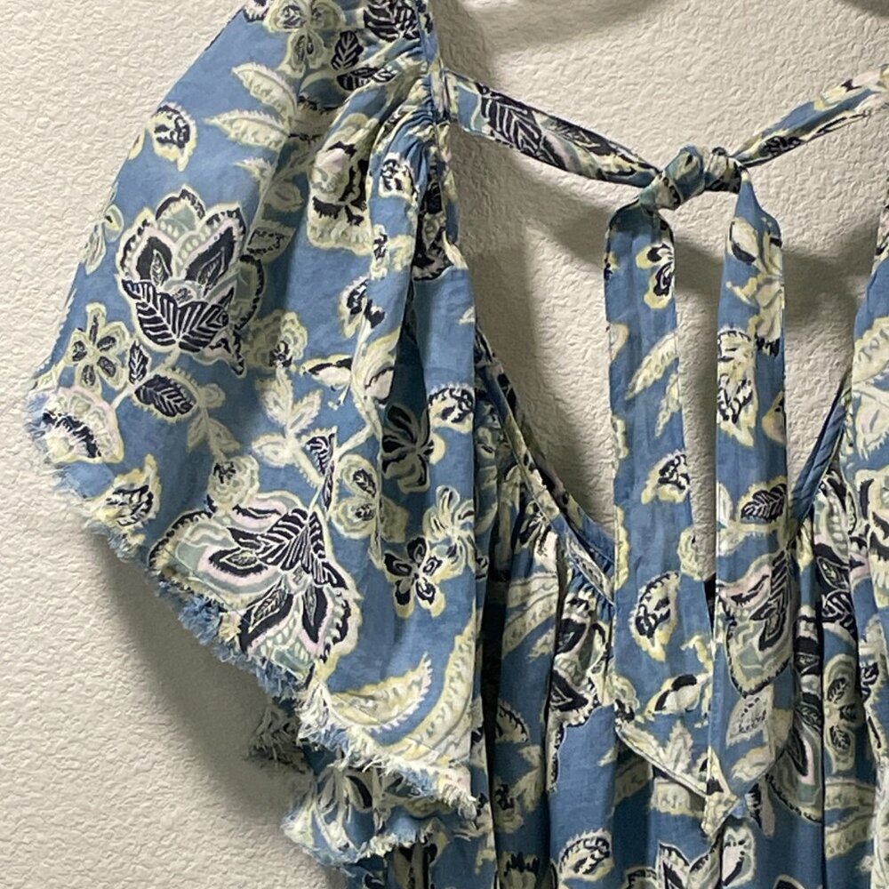 FREE PEOPLE "Kauai Getaway" Tunic Mini Dress Flutter Sleeve Blue/Green Floral L - Picture 8 of 13